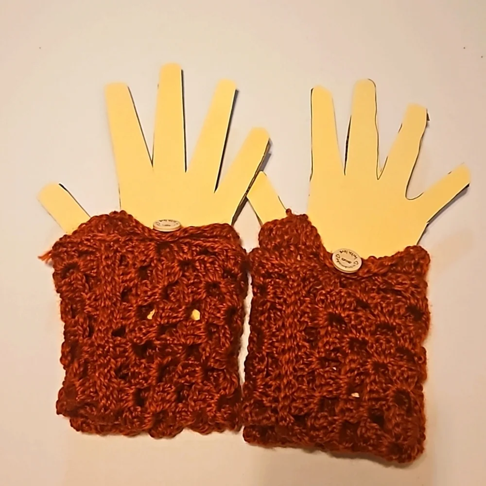 Hand Crafted Hand Knit Crochet Orange Granny Square Fingerless Gloves handmade
